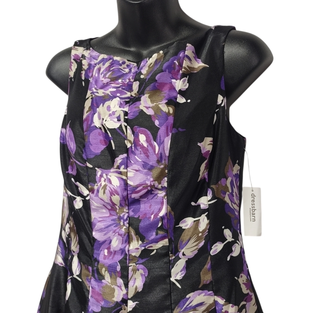 DB Established 1962 Size 4 Purple Floral Black Satin Sleeveless Flare Dress NWT - Picture 4 of 10